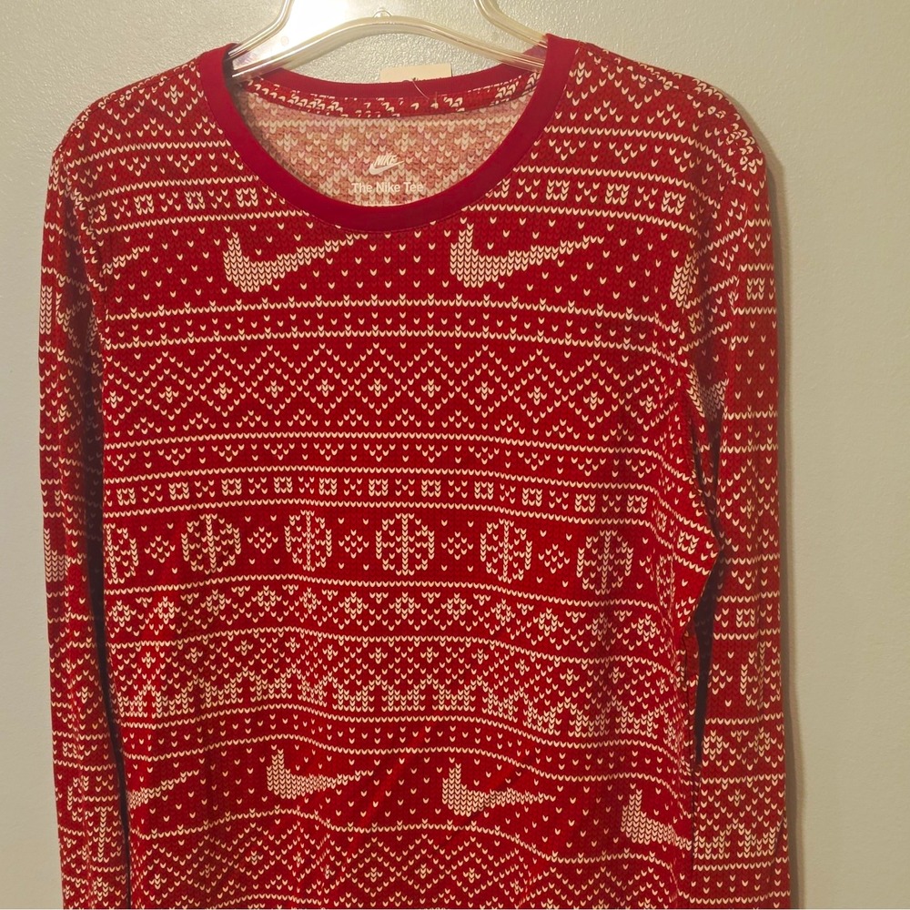 Nike Men's Crew Neck Fair Isle Knit Pullover Sweater Red/White Size M #331